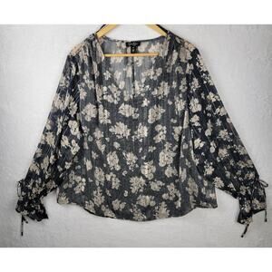 2X Cottagecore Blouse V Neck Sheer Pullover Tie Sleeve Black Tan Metallic Floral